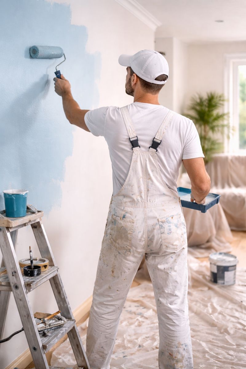 Peintre appliquant une couche de peinture sur un mur intérieur au rouleau.